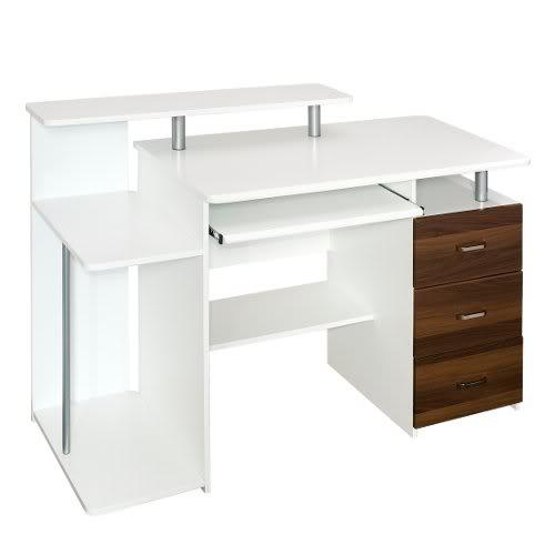 Scrivania con cassettiera STELLA in legno bianco e cassetti color noce, varie mensole e scomparti