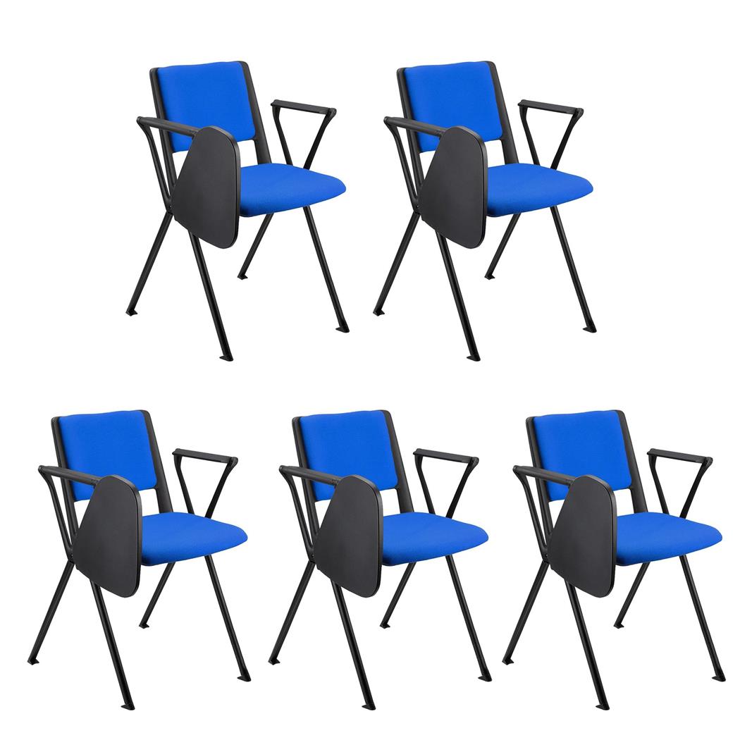 Lotto da 5 Sedie Conferenze CARINA CON SCRITTOIO, Impilabili, Gambe Nere, Tessuto Blu