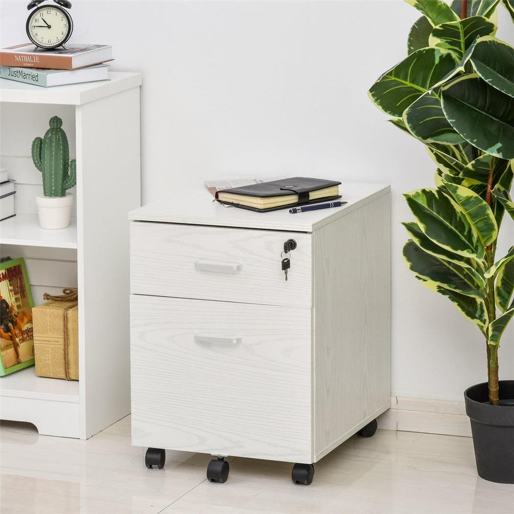 Cassettiera con ruote KENDO, 2 Cassetti, Ruote con Freno, Legno Bianco