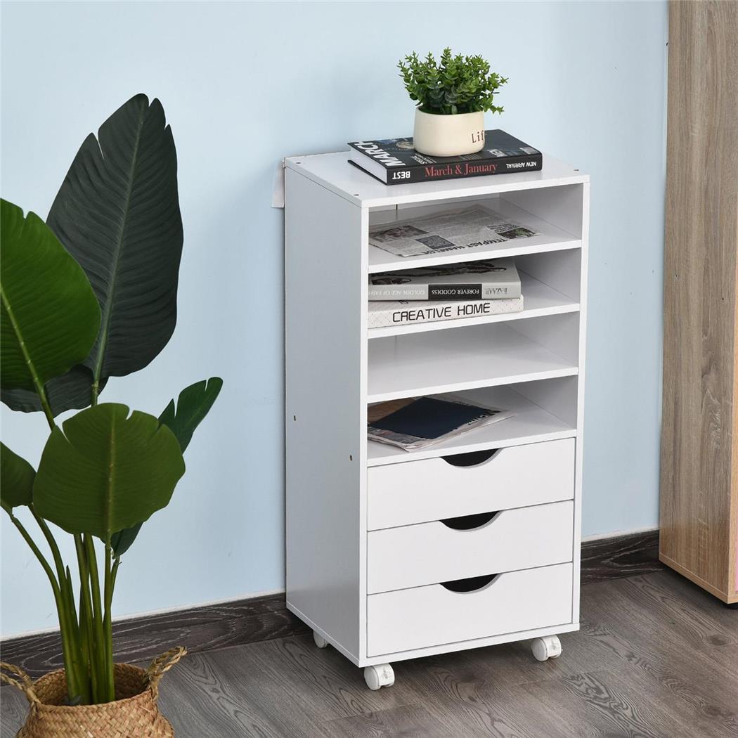 Cassettiera con Ruote LISY, 3 Cassetti e 4 Ripiani, 40x30x83cm, Colore Bianco