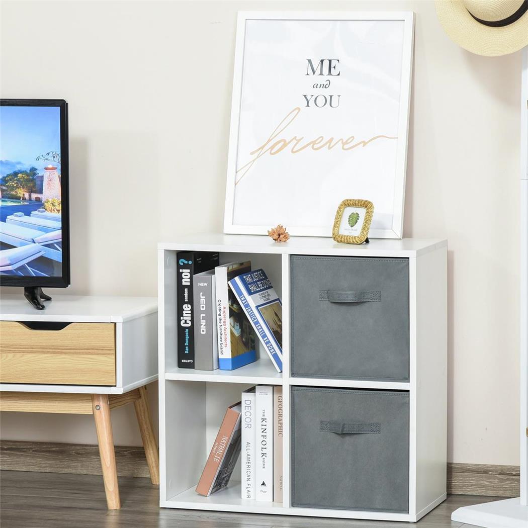 Libreria DAVOS, 4 Cubi, 2 Cassetti Estraibili, 61,5x30x61,5cm, In Legno, Bianco e Grigio