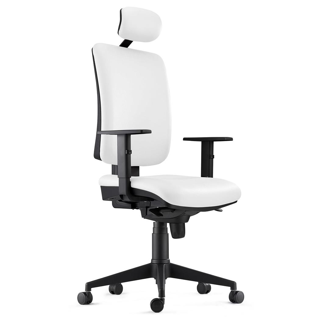 DEMO# Sedia Ergonomica PIERO, in Vera Pelle color Bianco, con Poggiatesta e Braccioli Regolabili