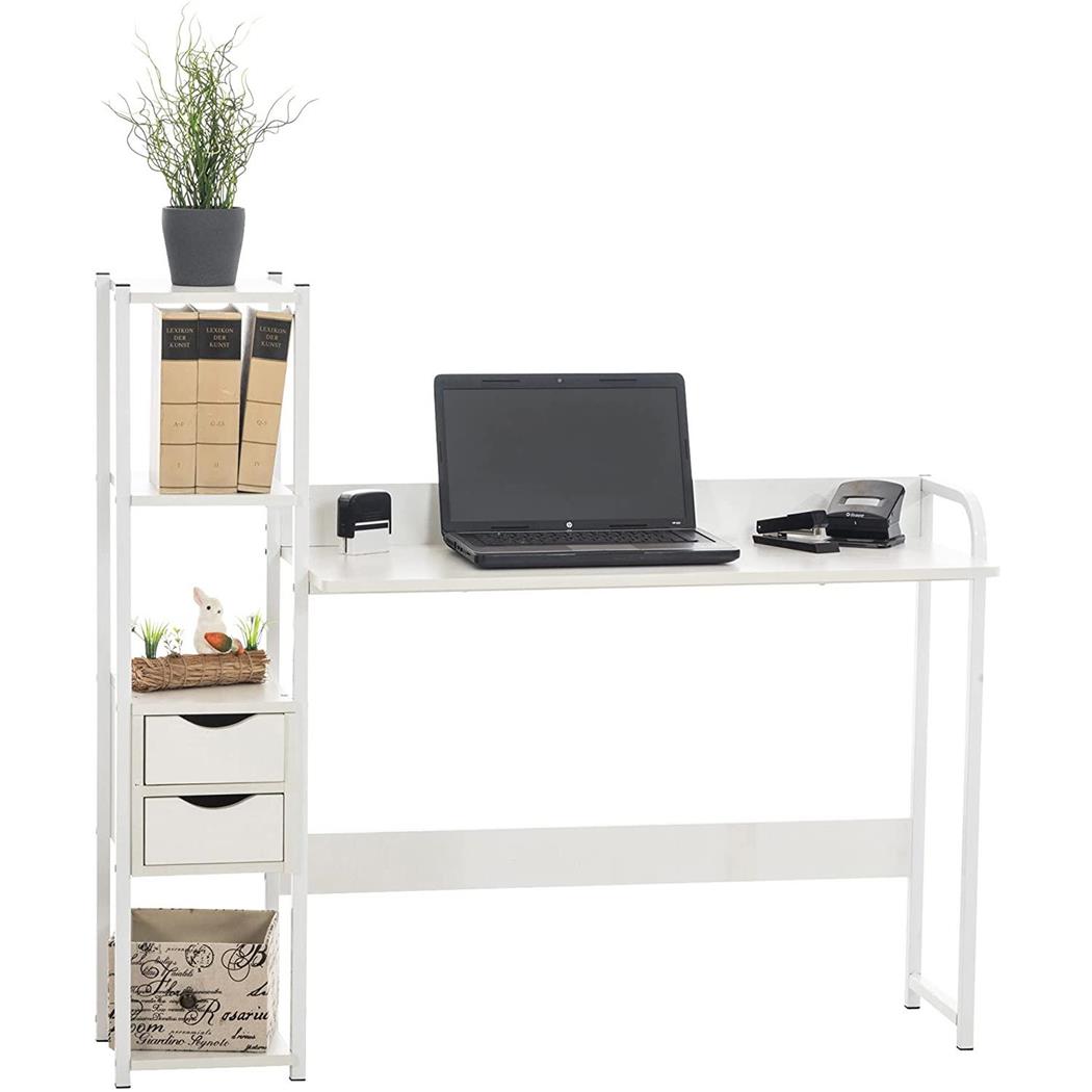 Scrivania Industrial ISIDE, Con Mensole e Cassetti, 111x124x40cm, Acciaio e Legno, Bianco