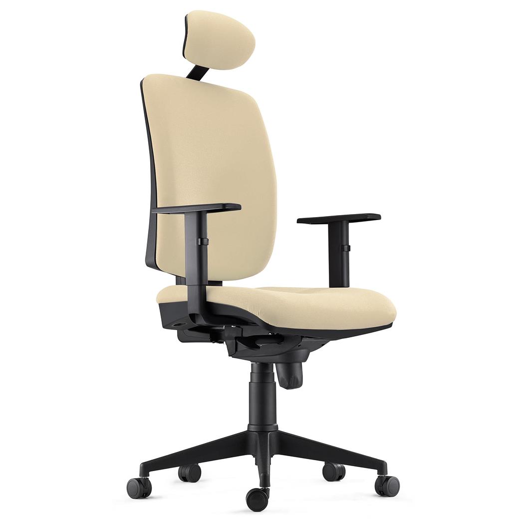 DEMO# Sedia Ergonomica PIERO, in Tessuto color Crema, con Poggiatesta e Braccioli Regolabili