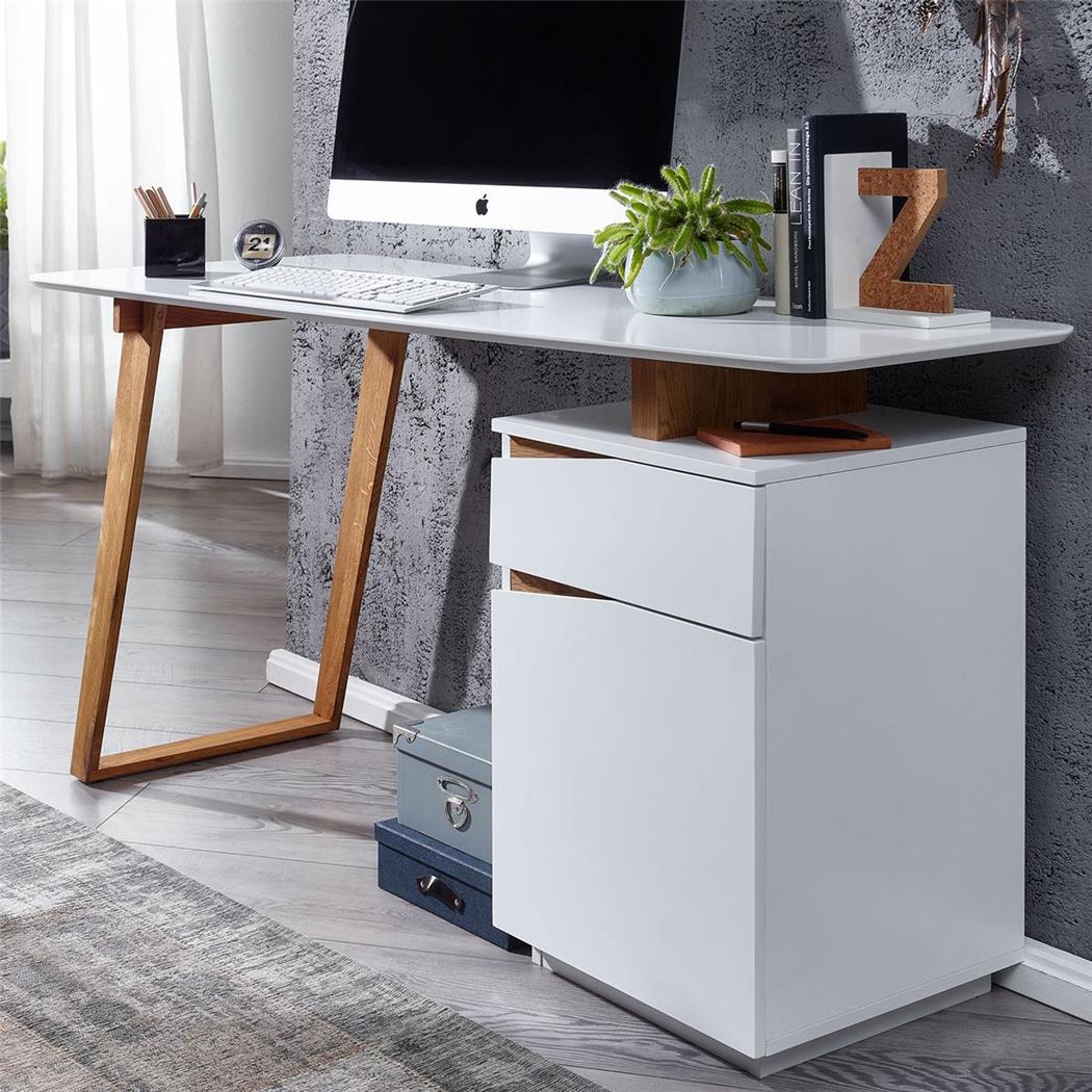 Scrivania per PC LAYENE, Elegante e Moderna, con Cassettiera, in Legno Bianco