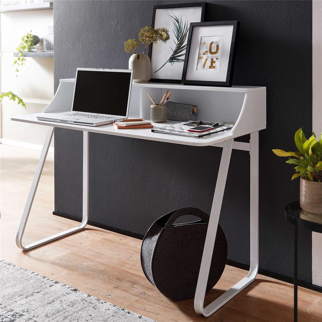 Scrivania di Design ROUNDY, Stile Nordico, 120x60x92cm, in Metallo e Legno Bianco