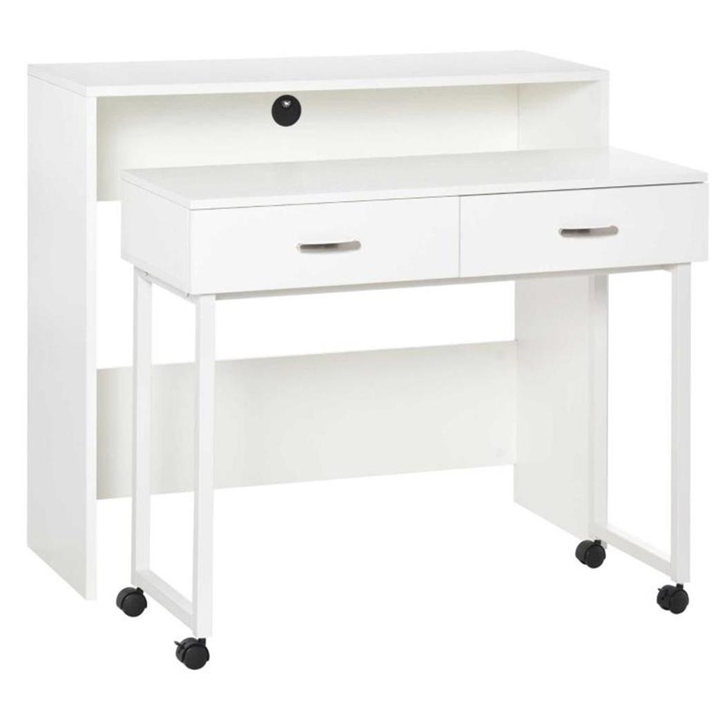 Doppia Scrivania BLANCA, 100x36x88cm, con Ruote, in Legno color Bianco