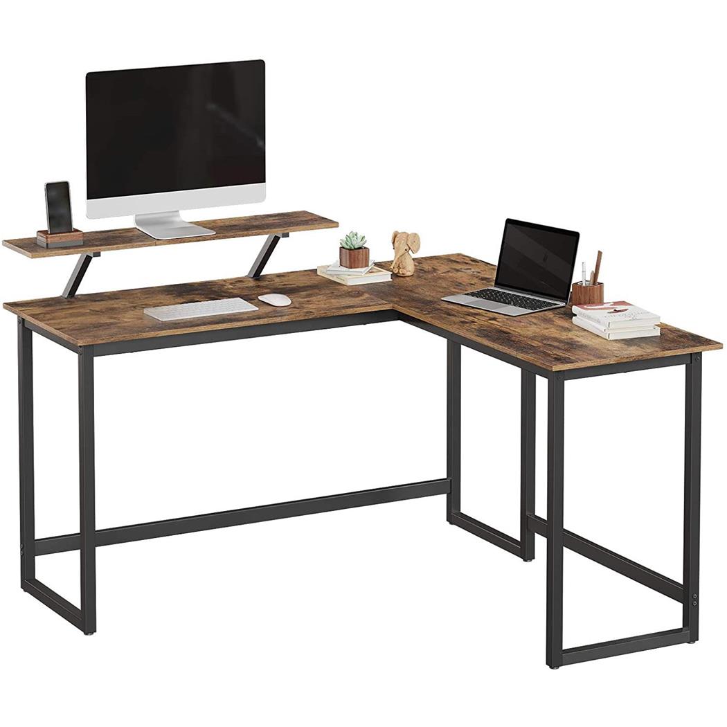Scrivania Per Ufficio LEGO, 140x130x76cm, Con Supporto per Monitor, Metallo e Legno, Marrone