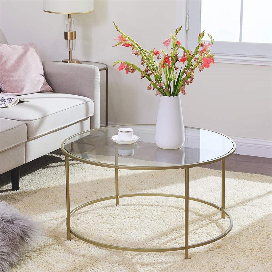 Tavolino TIVOLI, Elegante, 84x84x45,5cm, In Vetro e Acciaio Colore Oro