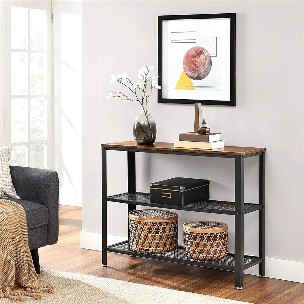 Tavolino NALA, Due Ripiani a Rete, 101,5x35x80cm, In Acciaio e Legno