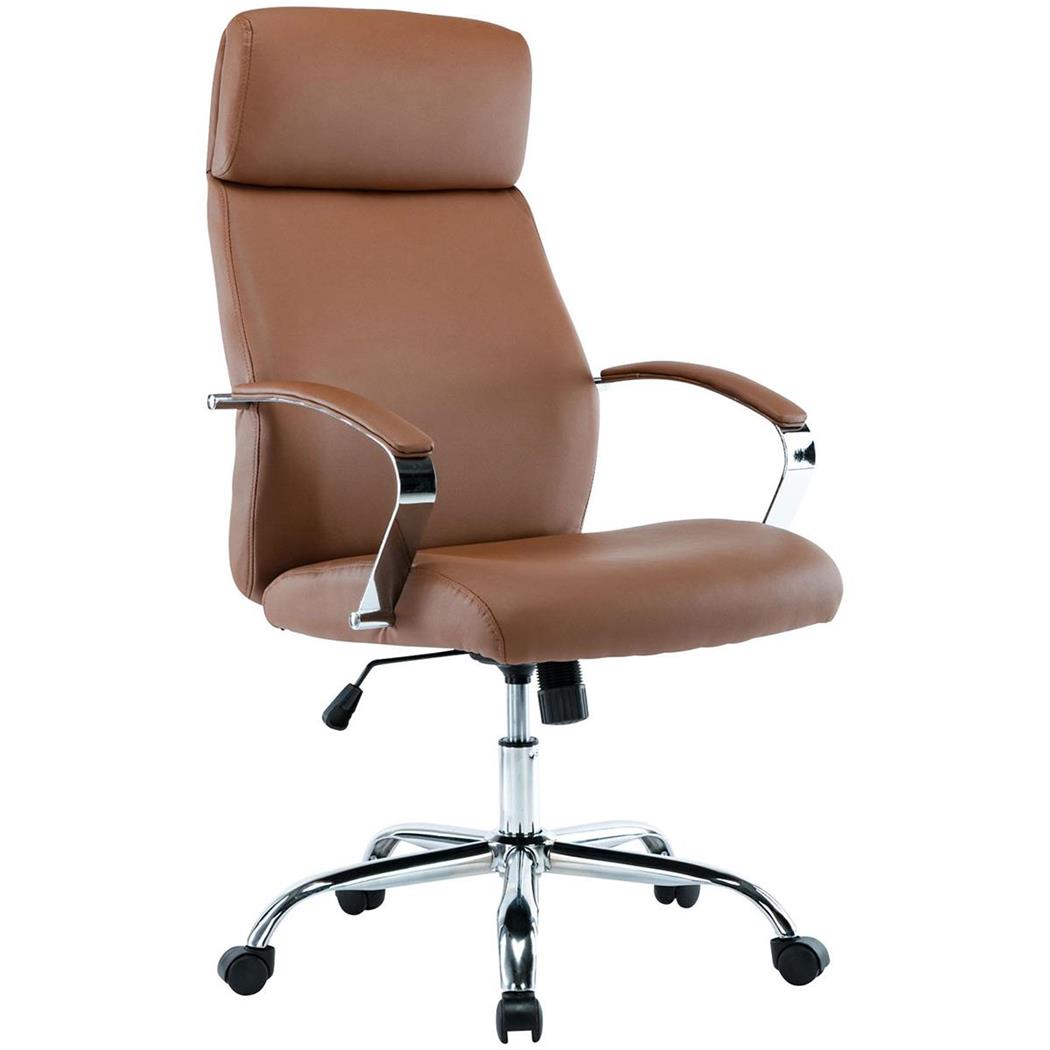 DEMO# Poltrona per Ufficio RONDA, Elegante e Confortevole, Base in Metallo, Pelle Marrone Chiaro