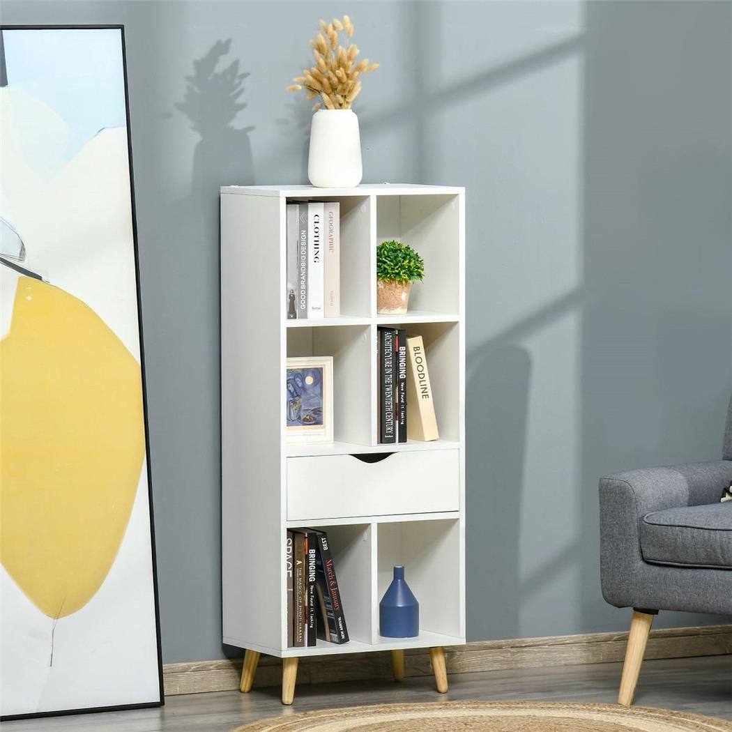 Libreria DELHI, 6 Scomparti e 1 Cassetto, 50x29,5x120 cm, In Legno Bianco