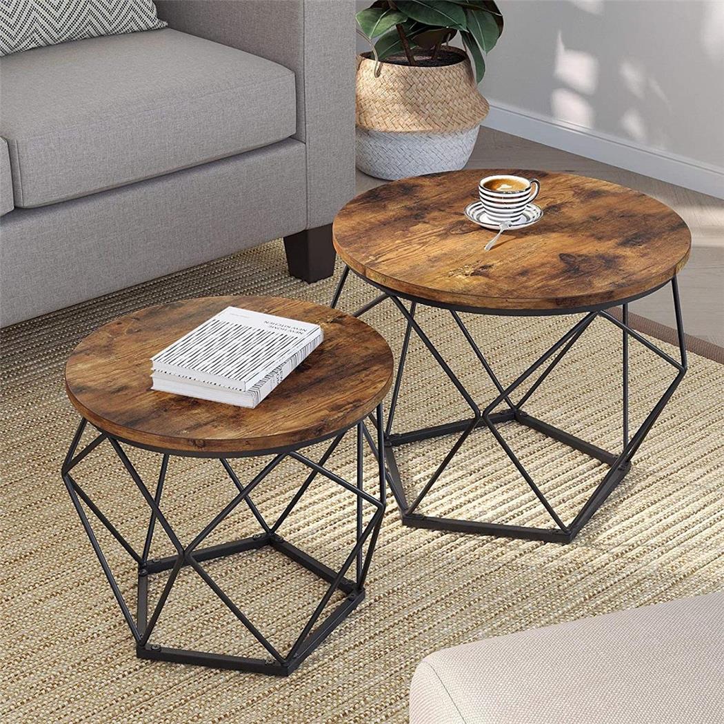 Set di 2 Tavolini RAIDEN, Stile Industriale, In Acciaio e Legno colore Faggio