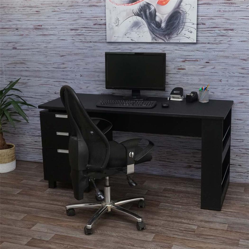 Scrivania per ufficio MUNICH, con Cassetti e Mensole, 150x60cm, in Legno Nero