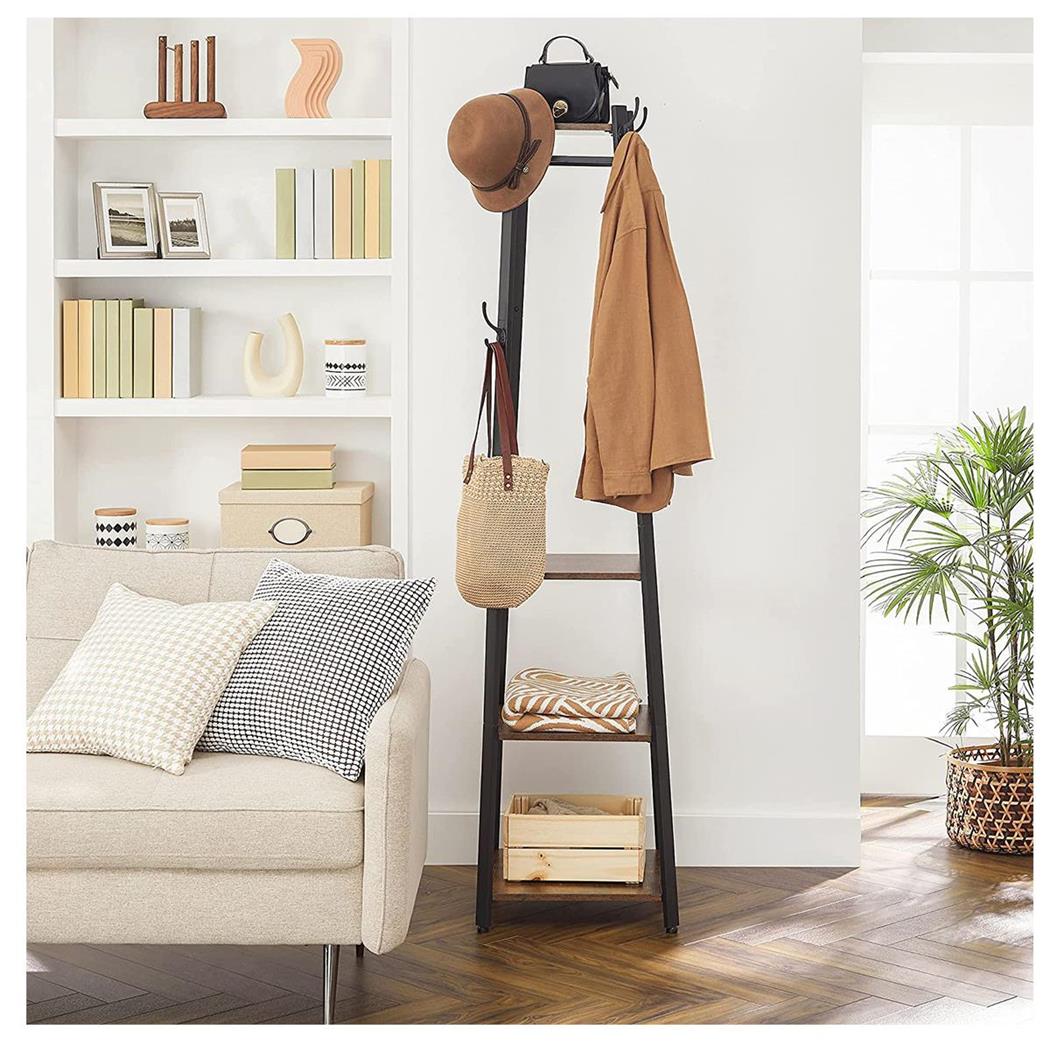Appendiabiti LOLA, Con Ganci e Ripiani, 45x45x181cm, Acciaio Nero e Legno Marrone