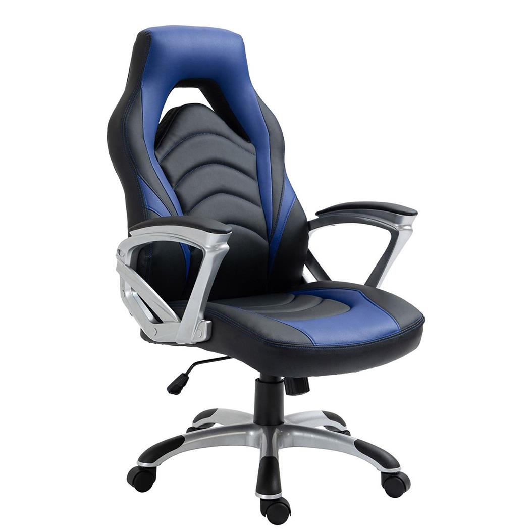 Poltrona Gaming ALPHA, Linee Sportive, Comoda Imbottitura, Pelle Nera e Blu