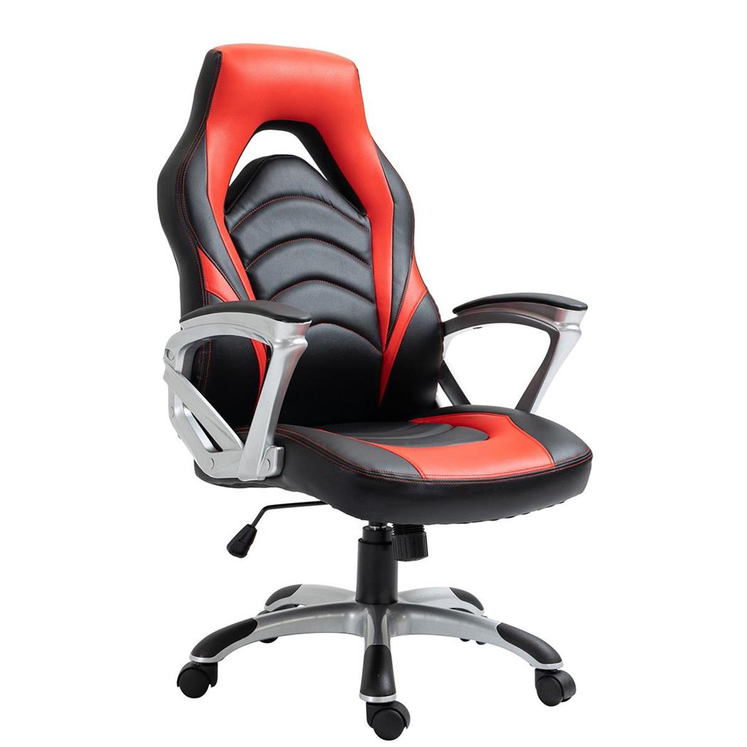 Poltrona Gaming ALPHA, Linee Sportive, Comoda Imbottitura, Pelle Nera e Rossa