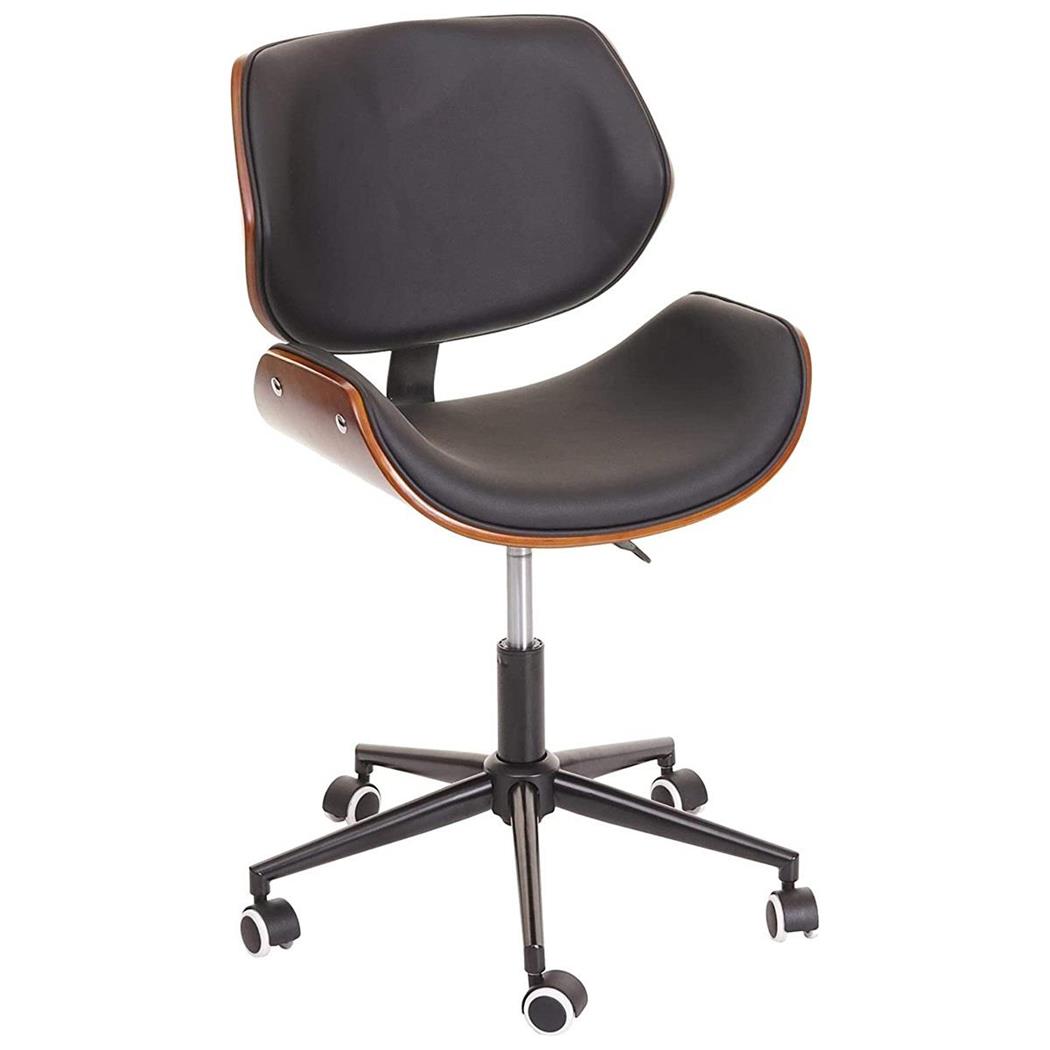 Sedia da ufficio MILLER, Design Elegante, Legno Curvato, Pelle Nera