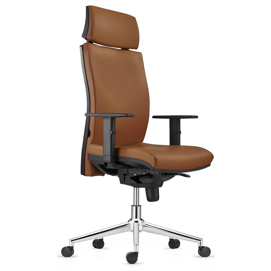 DEMO# Sedia Ergonomica MARVEL in Vera Pelle color Marrone, con Base Metallica, con Poggiatesta e Supporto Lombare