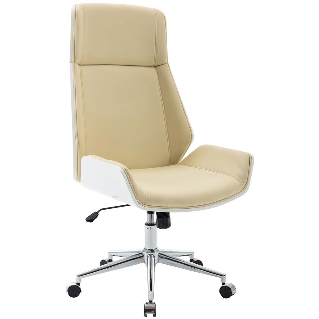 Poltrona Da Ufficio KINGSTONE, Design in Legno Bianco, Elegante, Pelle Crema