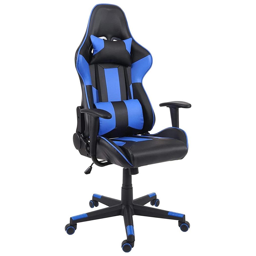 Poltrona Gaming CAMTON, Cuscini Lombare e Cervicale, in Pelle Nera e Blu