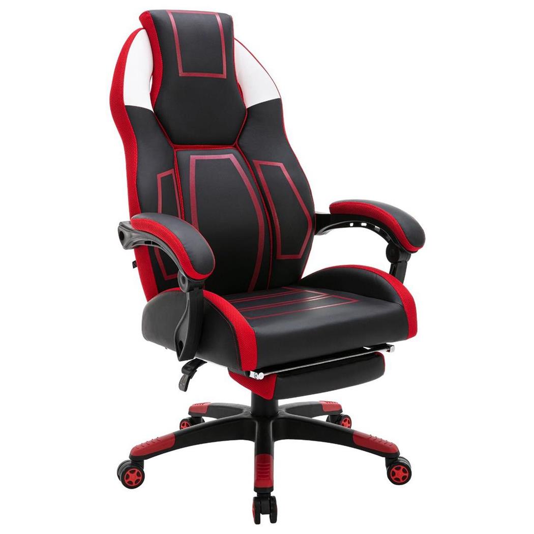 Poltrona Gaming MANDALIKA, Schienale Basculante, Poggiapiedi, in Pelle, Nero e Rosso