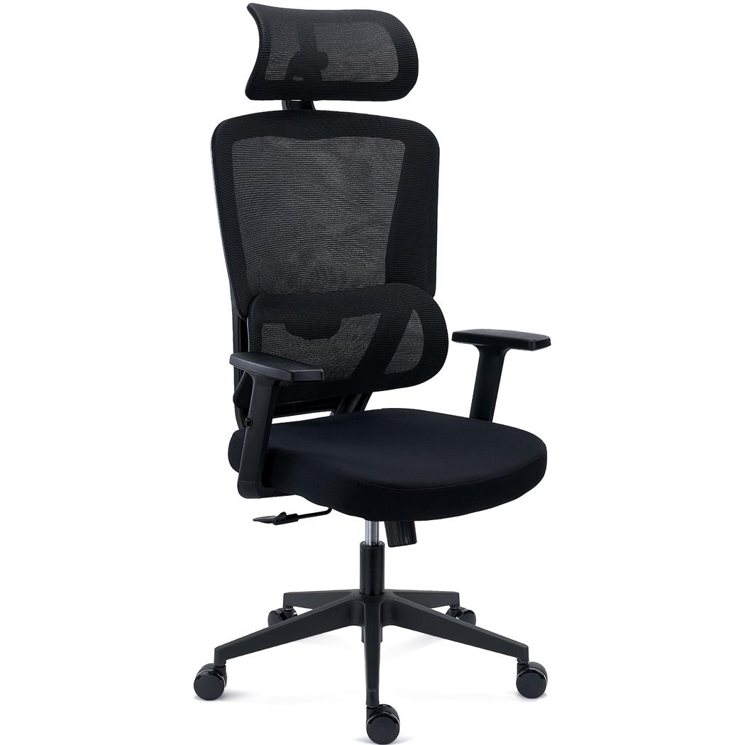 Sedia Ergonomica SUPRA, Confortevole, Supporto Lombare, Poggiatesta, Rete Traspirante e Tessuto, Nero