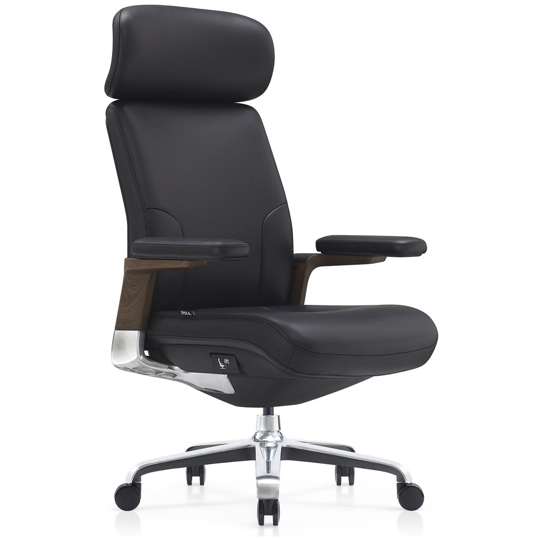 DEMO# Poltrona da Ufficio SOPRANO, Imbottita, Elegante, Dettagli in Legno, Vera Pelle, Nero