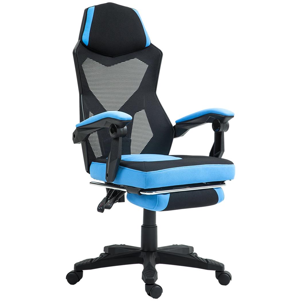 Sedia Gaming BILBAO, Reclinabile, Poggiapiedi estensibile, in Tessuto Azzurro e Nero