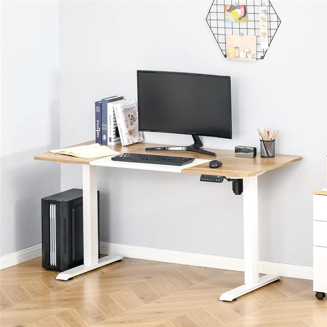 Scrivania per PC NAIKO, 140x70cm, Regolabile in Altezza, Telaio in Acciaio, Colore Rovere e Bianco