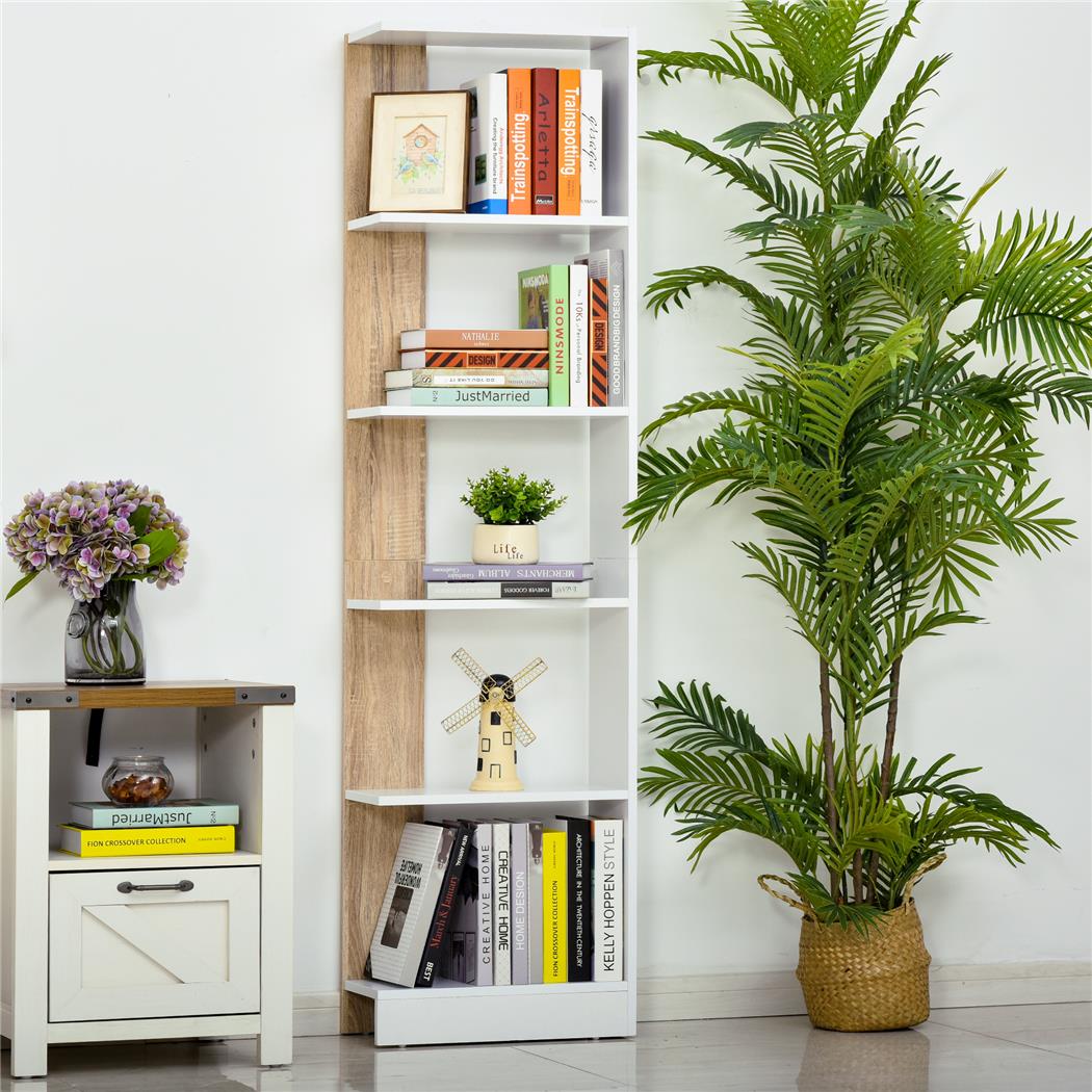 Libreria NATI, Design Elegante, 45x21x170 cm, in Legno color Bianco e Rovere