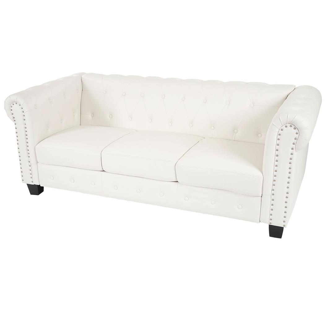Divano a 3 Posti CHESTER, Elegante, in Pelle, Gambe Quadrate, Bianco