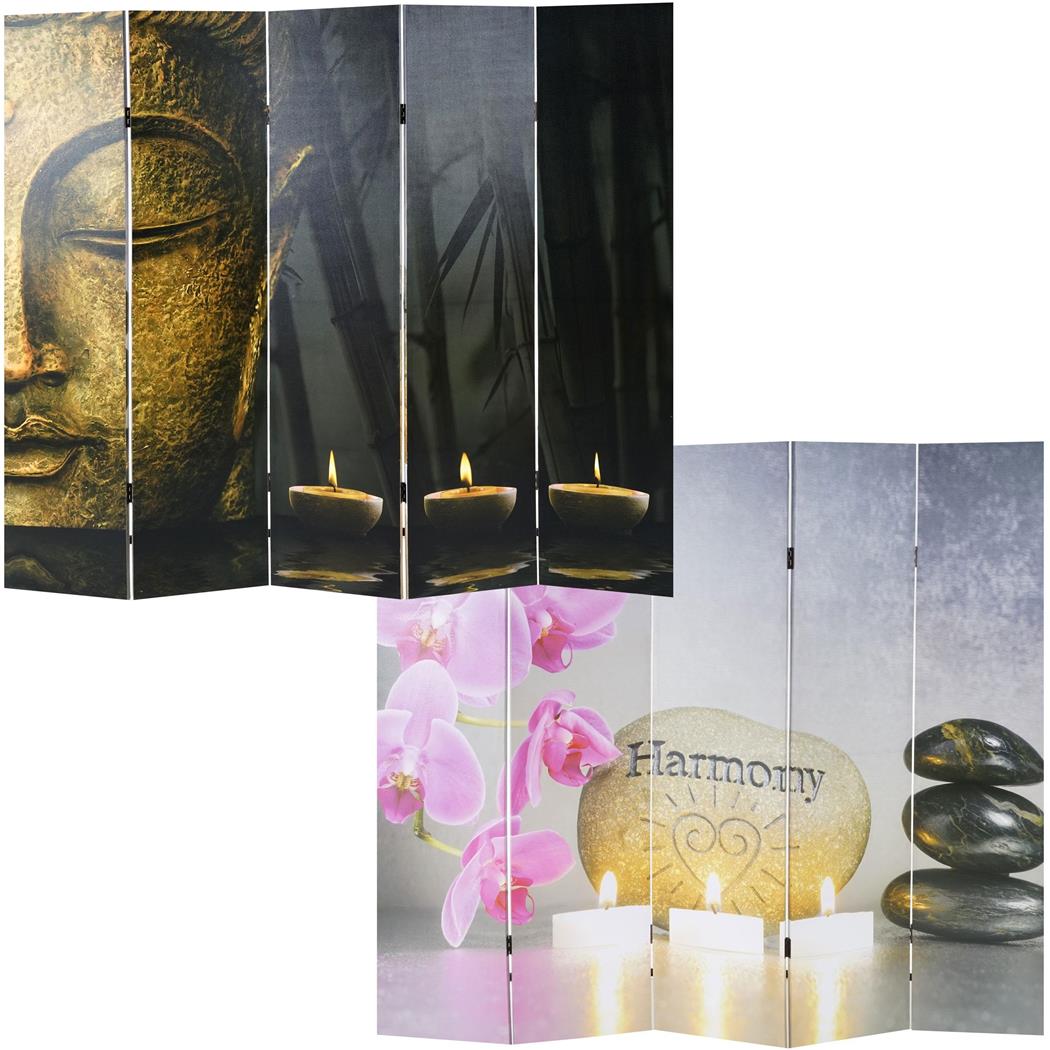 Paravento separé a 5 pannelli VINTAGE BUDDHA, 180x200x2,5cm, in legno