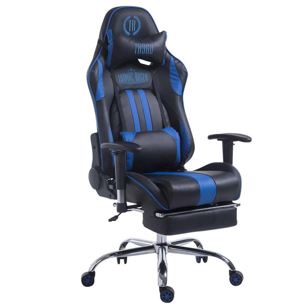 Poltrona Gaming LOGAN con Poggiapiedi, Reclinabile, con Cuscini, in Pelle Nero/Blu