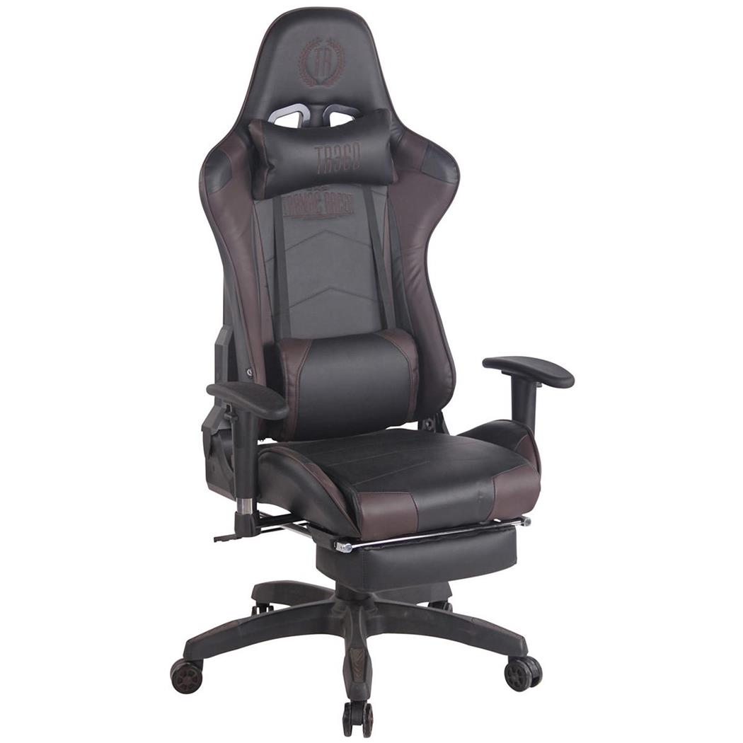Sedia Gaming TURBO con Poggiapiedi, Cuscino Lombare e Cervicale, in Pelle, Nero/Marrone