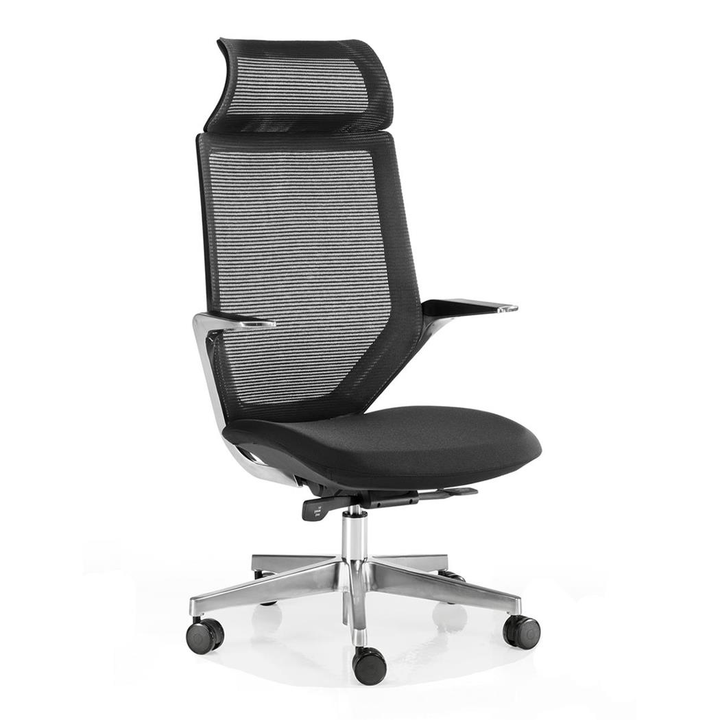 Poltrona di Design FLORIAN PRO, Braccioli Alluminio, Poggiatesta, Nero