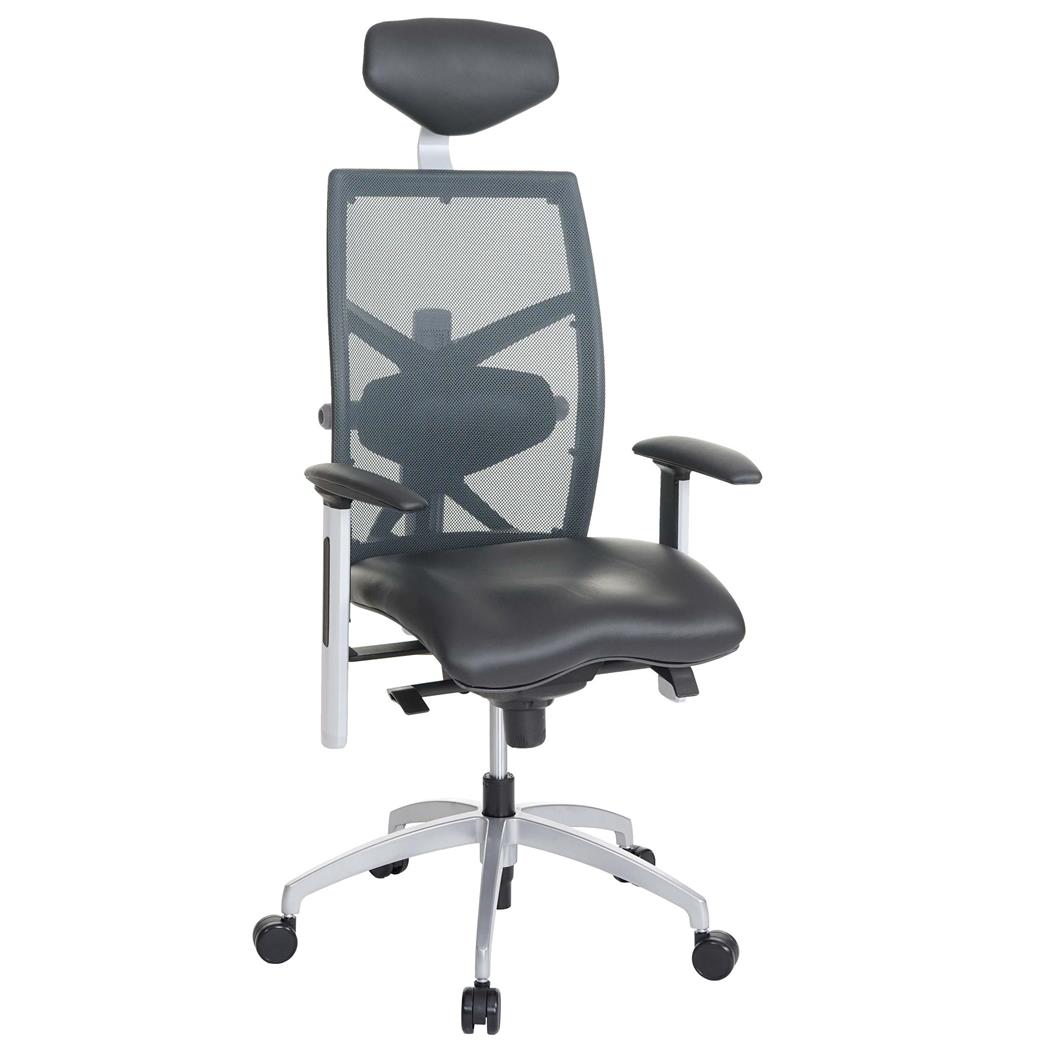 Sedia Ufficio Ergonomica NILO-TEC, Extra Comfort, Rete Traspirante e Vera Pelle in colore Nero
