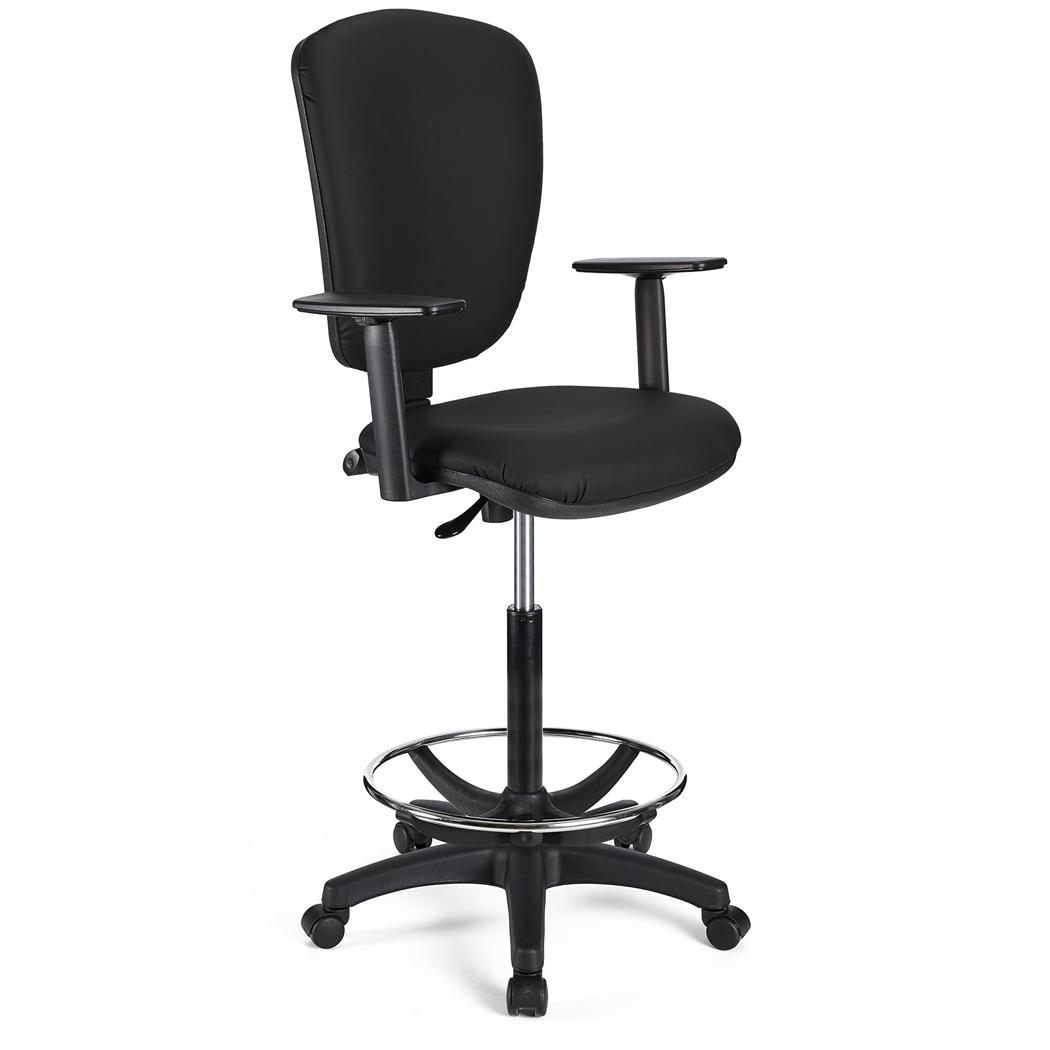 Sgabello da Lavoro CALIPSO PLUS PELLE, Schienale Regolabile, Spessa Imbottitura, in Nero
