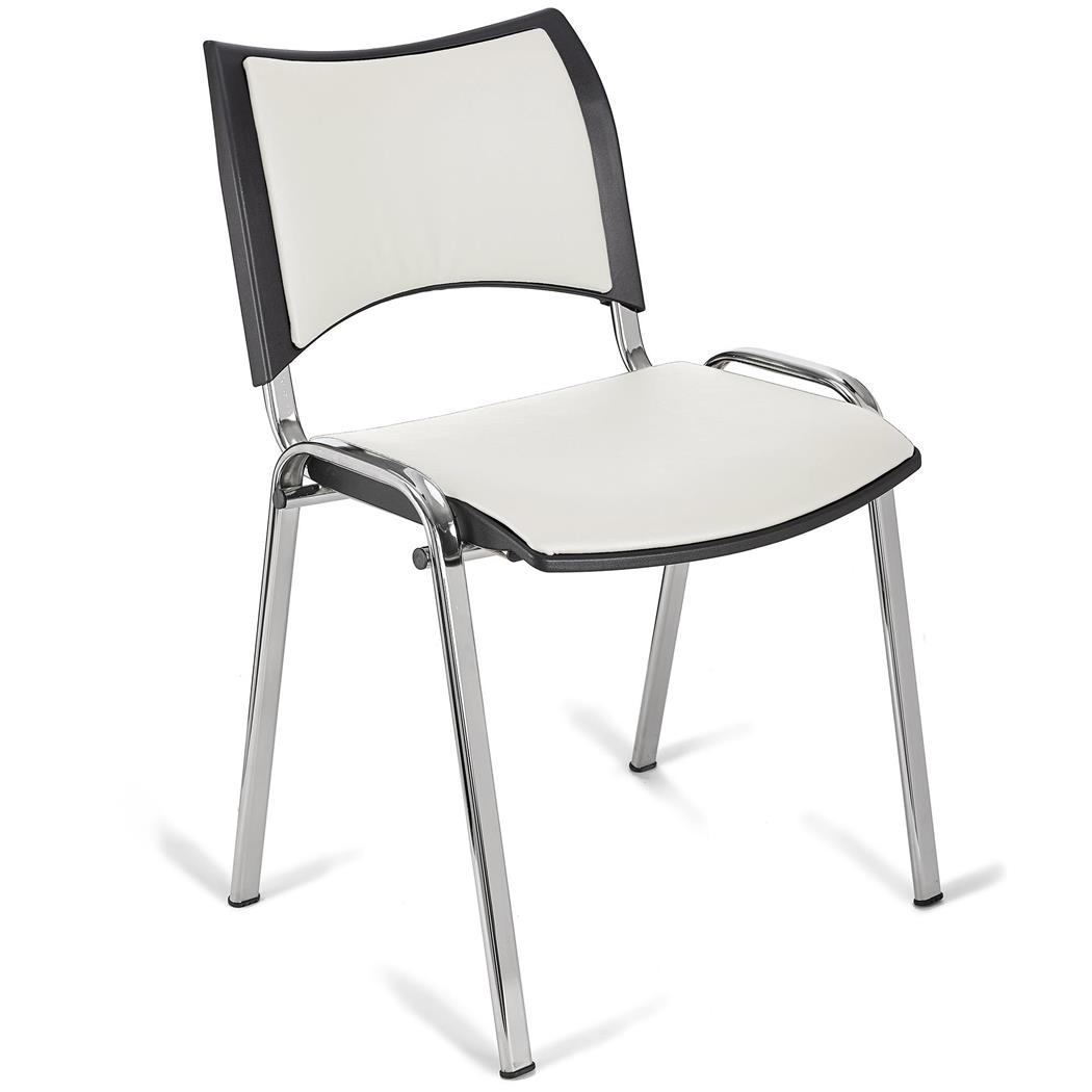 Sedia da Attesa ROMMEL PELLE, Comoda Imbottitura, Impilabile, in Bianco e Gambe Cromate