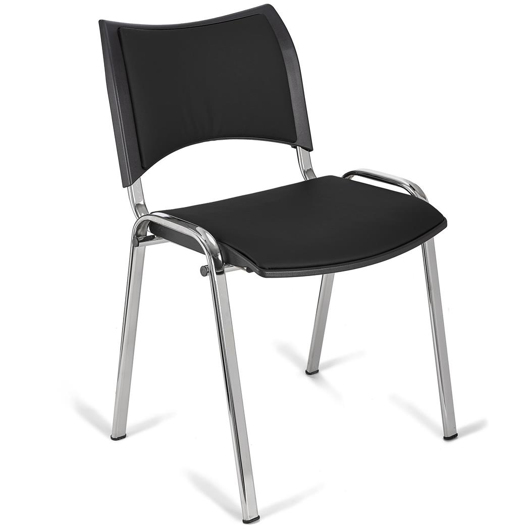 Sedia da Attesa ROMMEL PELLE, Comoda Imbottitura, Impilabile, in Nero e Gambe Cromate