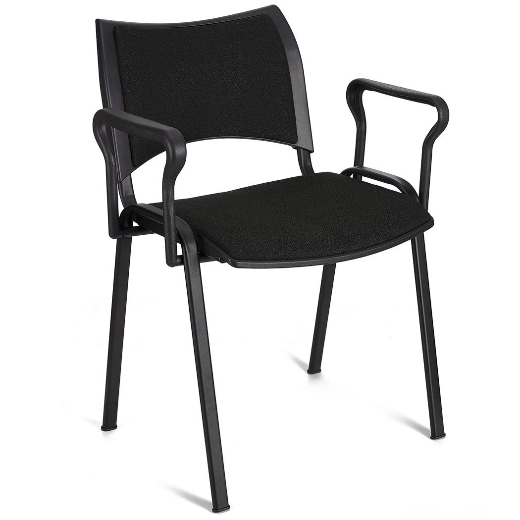 Sedia da Attesa ROMMEL CON BRACCIOLI, Comoda Imbottitura, Impilabile, in Tessuto Nero e Gambe Nere