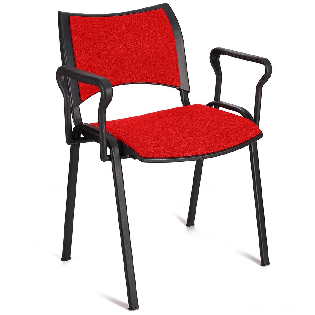 Sedia da Attesa ROMMEL CON BRACCIOLI, Comoda Imbottitura, Impilabile, in Tessuto Rosso e Gambe Nere