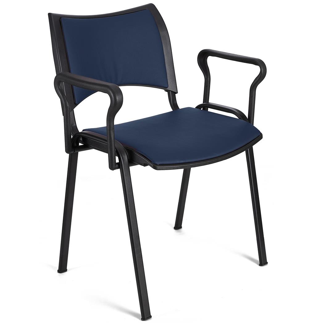 Sedia da Attesa ROMMEL PELLE CON BRACCIOLI, Comoda Imbottitura, Impilabile, in Blu e Gambe Nere