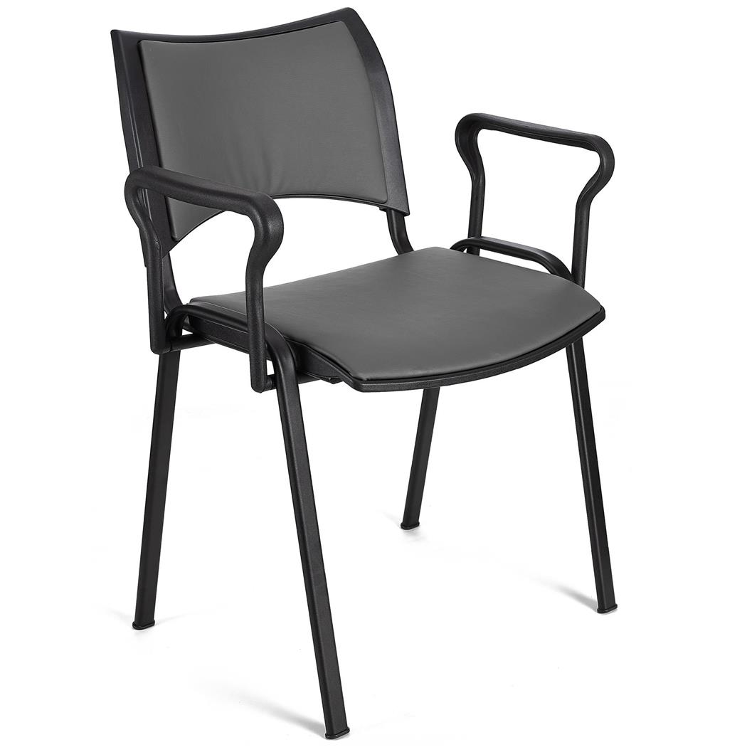 Sedia da Attesa ROMMEL PELLE CON BRACCIOLI, Comoda Imbottitura, Impilabile, in Grigio e Gambe Nere
