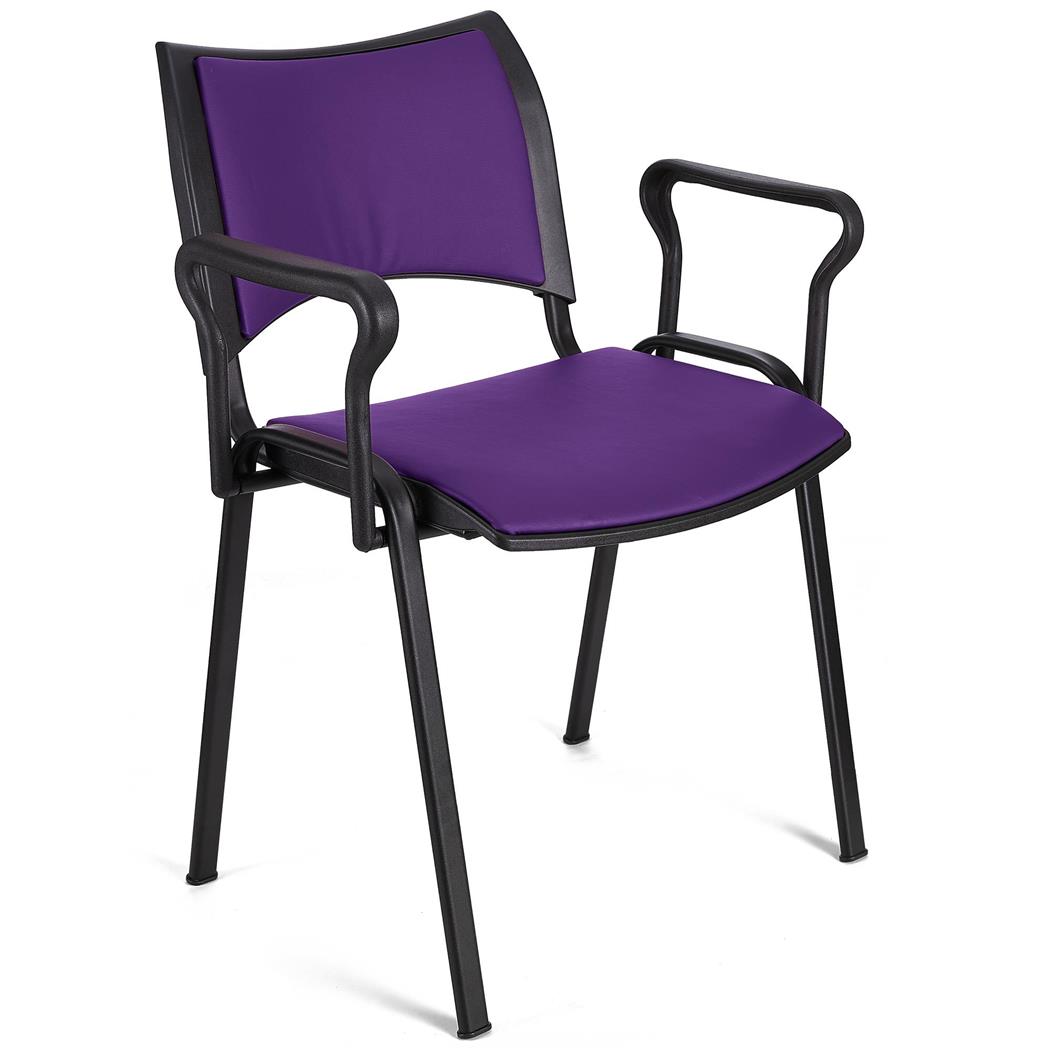 Sedia da Attesa ROMMEL PELLE CON BRACCIOLI, Comoda Imbottitura, Impilabile, in Viola e Gambe Nere