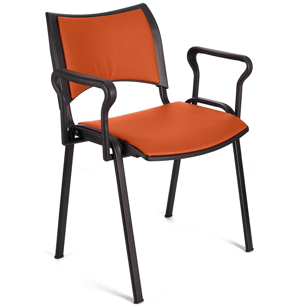 Sedia da Attesa ROMMEL PELLE CON BRACCIOLI, Comoda Imbottitura, Impilabile, in Arancione e Gambe Nere