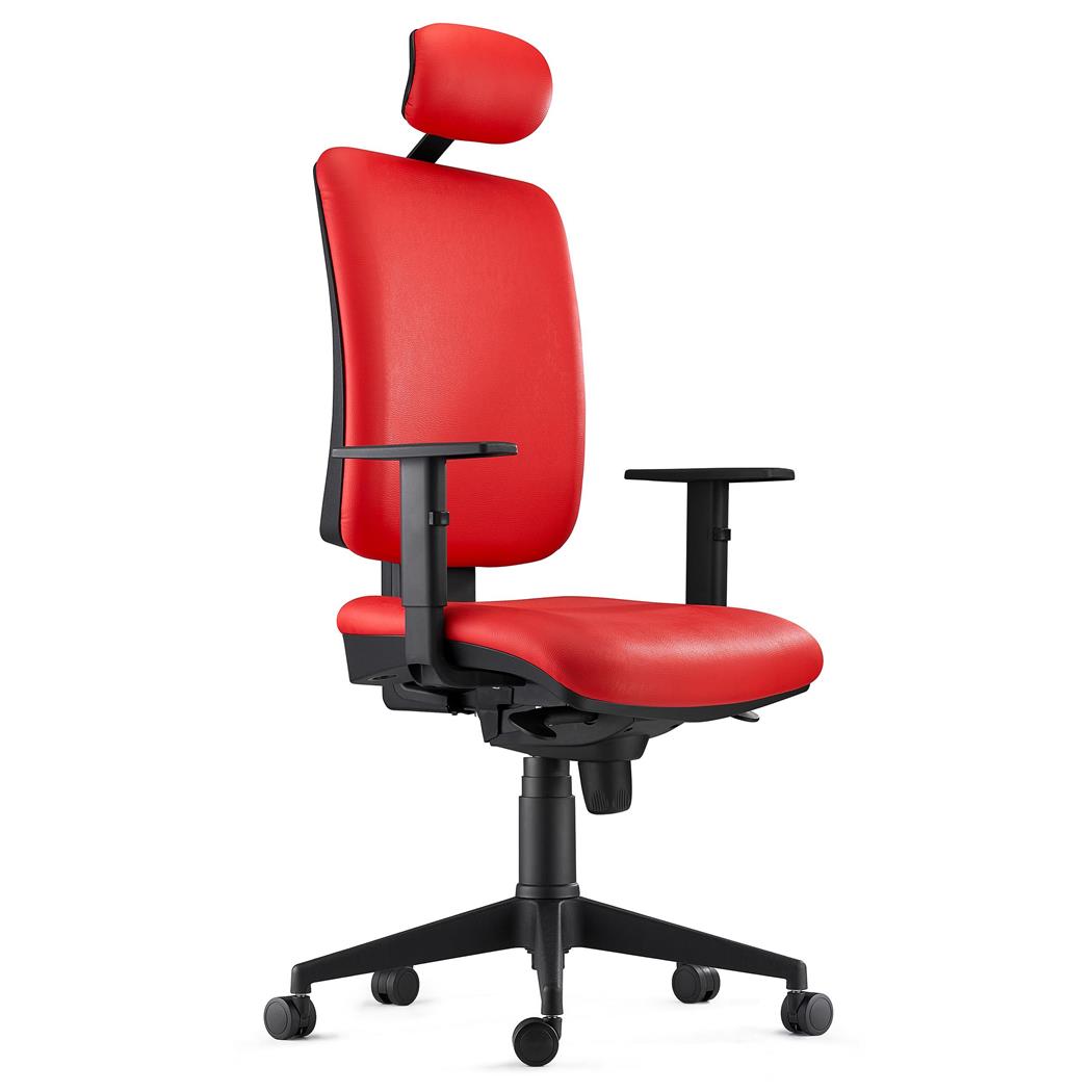 Sedia Ergonomica PIERO, in Pelle color Rosso, con Poggiatesta e Braccioli Regolabili