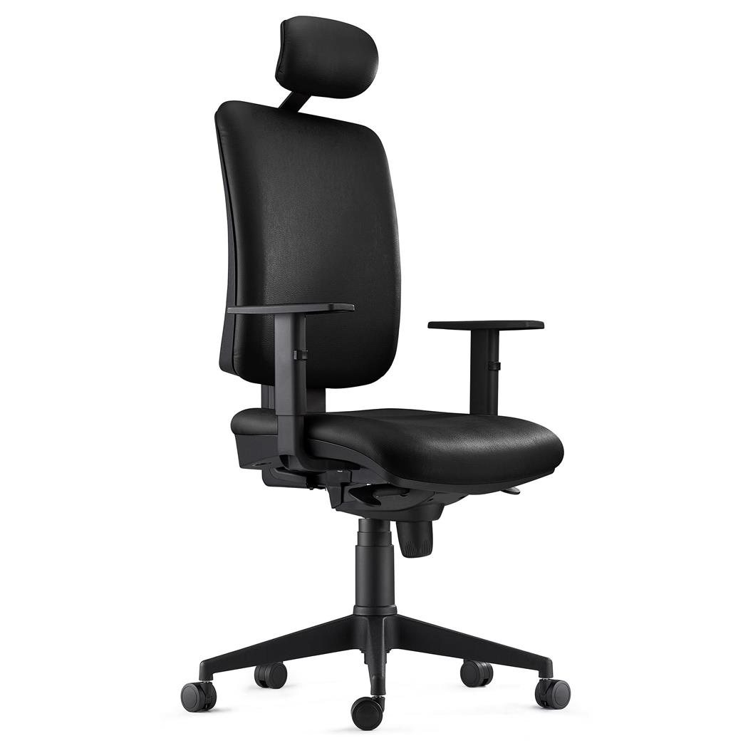 Sedia Ergonomica PIERO, in Pelle color Nero, con Poggiatesta e Braccioli Regolabili