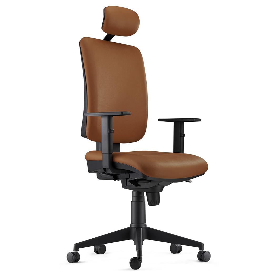 Sedia Ergonomica PIERO, in Vera Pelle color Marrone, con Poggiatesta e Braccioli Regolabili