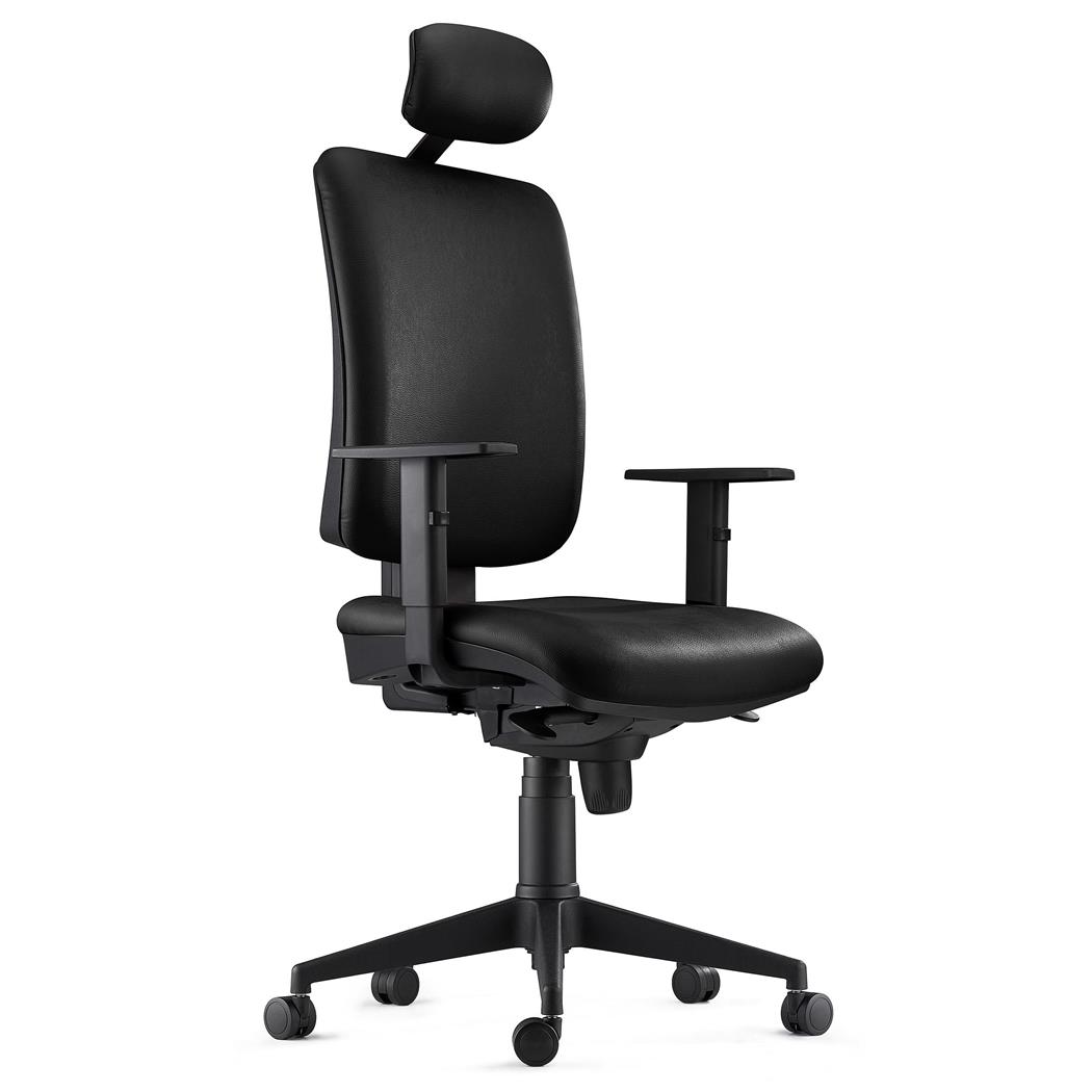 Sedia Ergonomica PIERO, in Vera Pelle color Nero, con Poggiatesta e Braccioli Regolabili